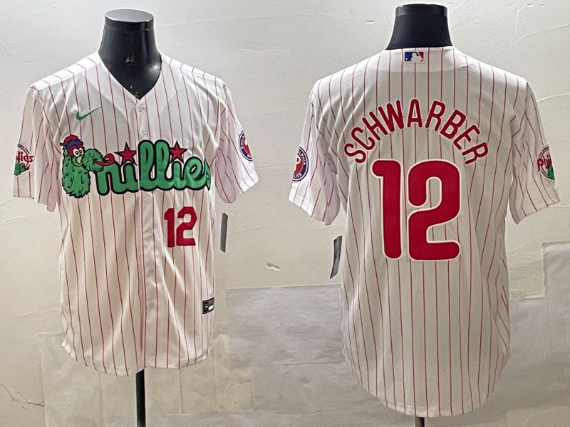 Men Philadelphia Phillies #12 Schwarber White Stripe Three generations Joint Name Game 2025 Nike MLB Jersey style 4